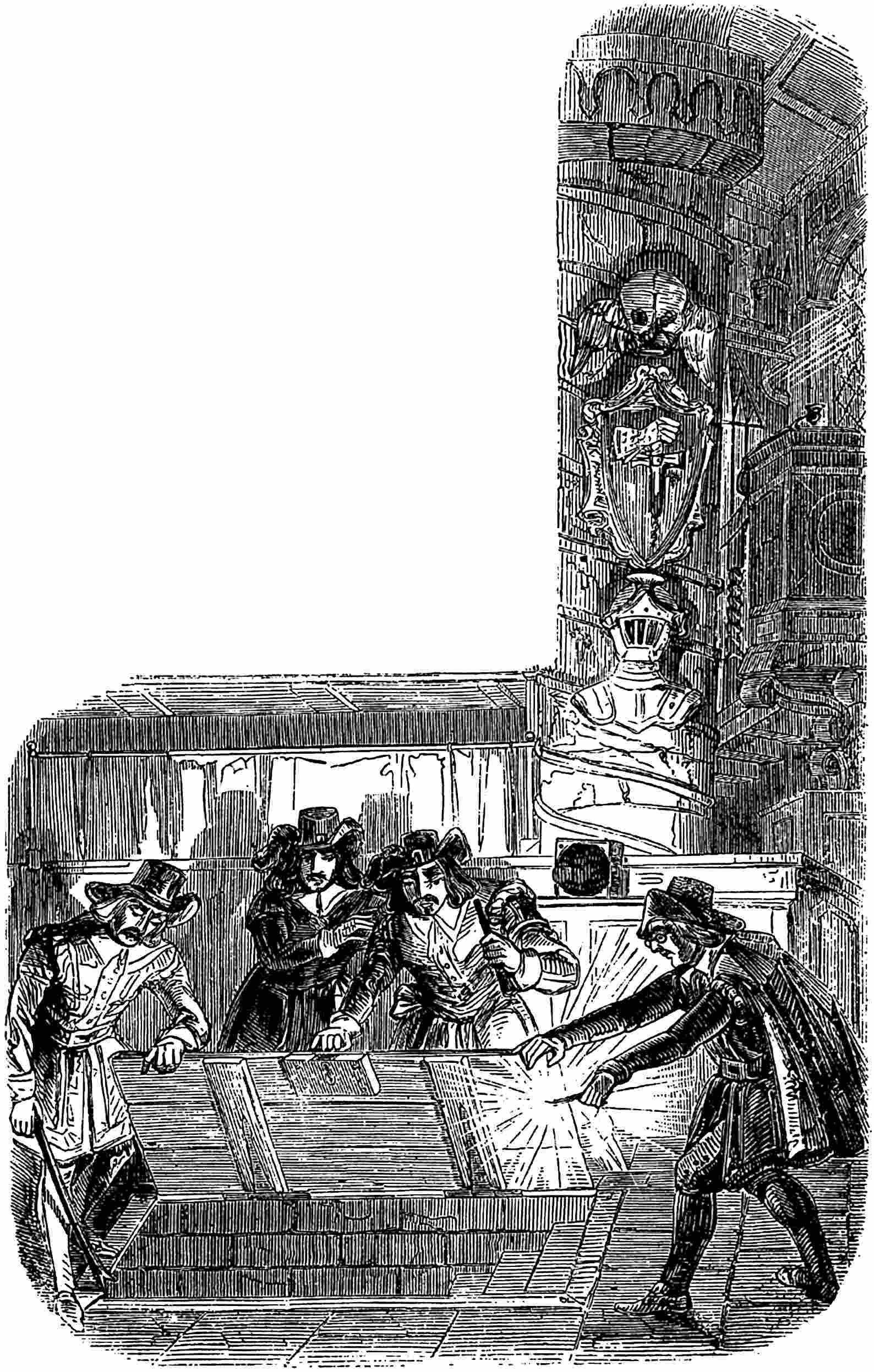 The men open the trap door, lighted by a match.