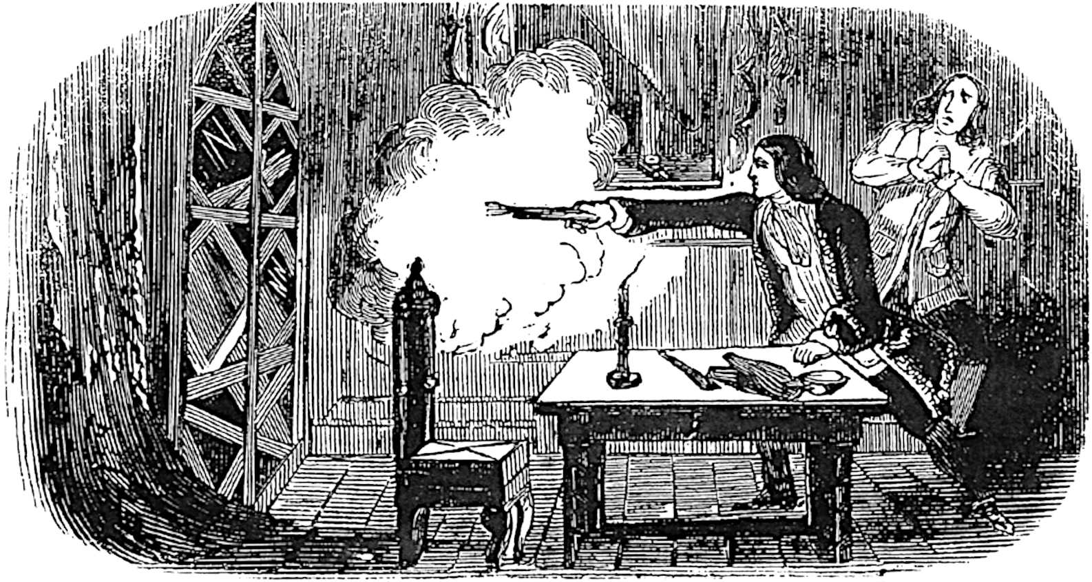 Charles fires the pistol at the window.