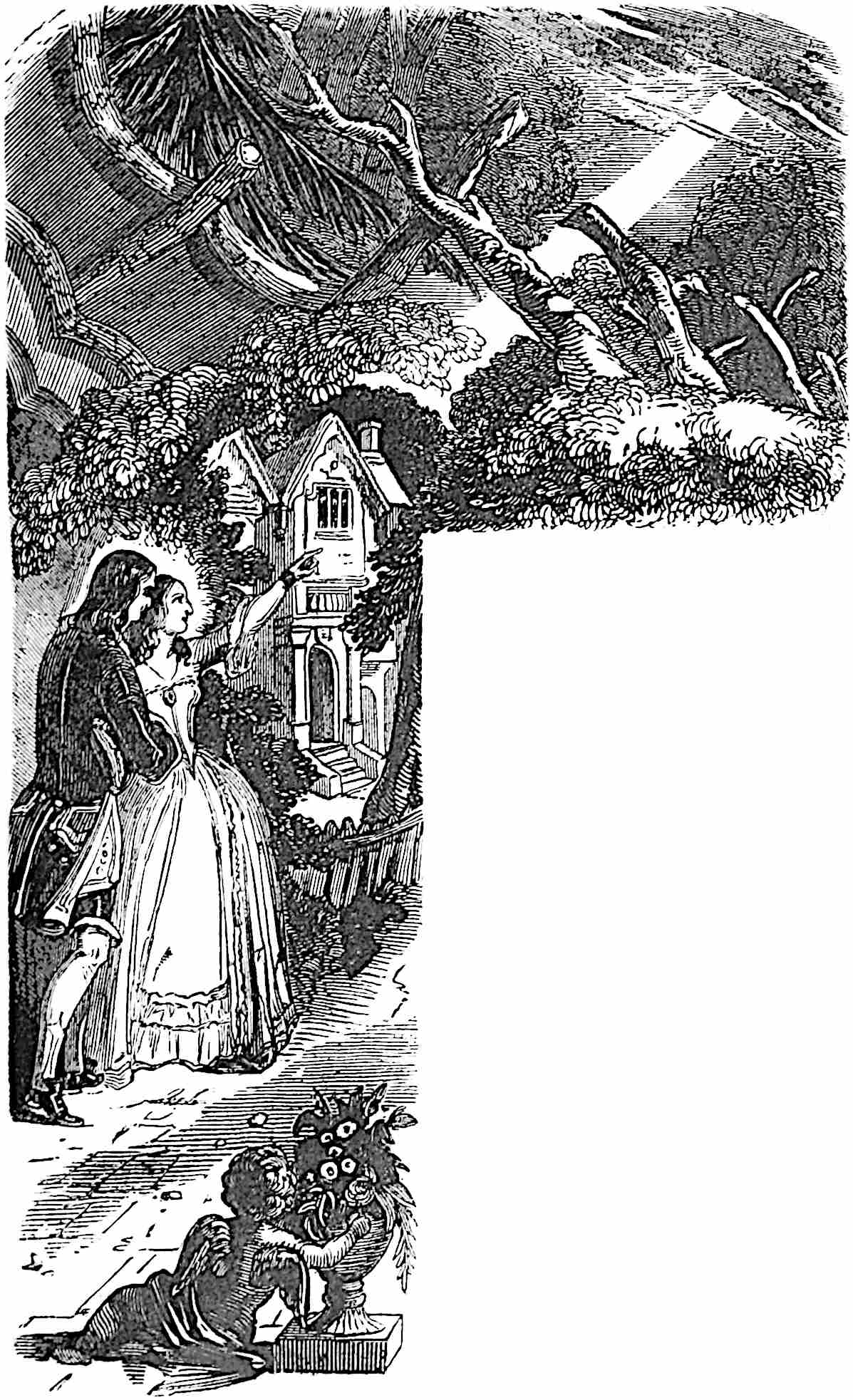 A beam of sunlight illuminates Flora, Charles, and the house.