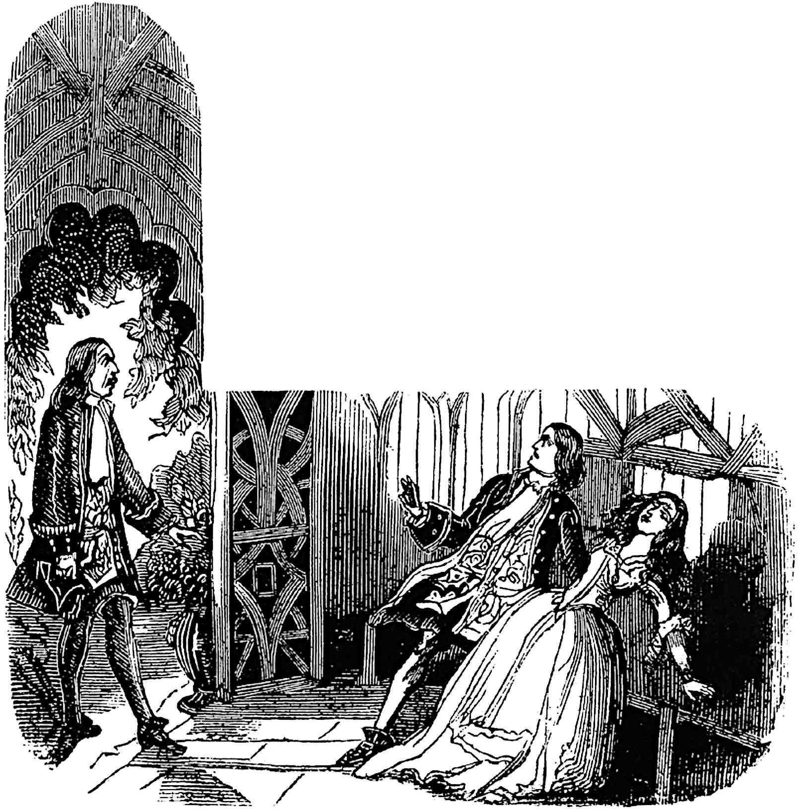 Sir Varney stands before Charles and Flora, who are cowering.