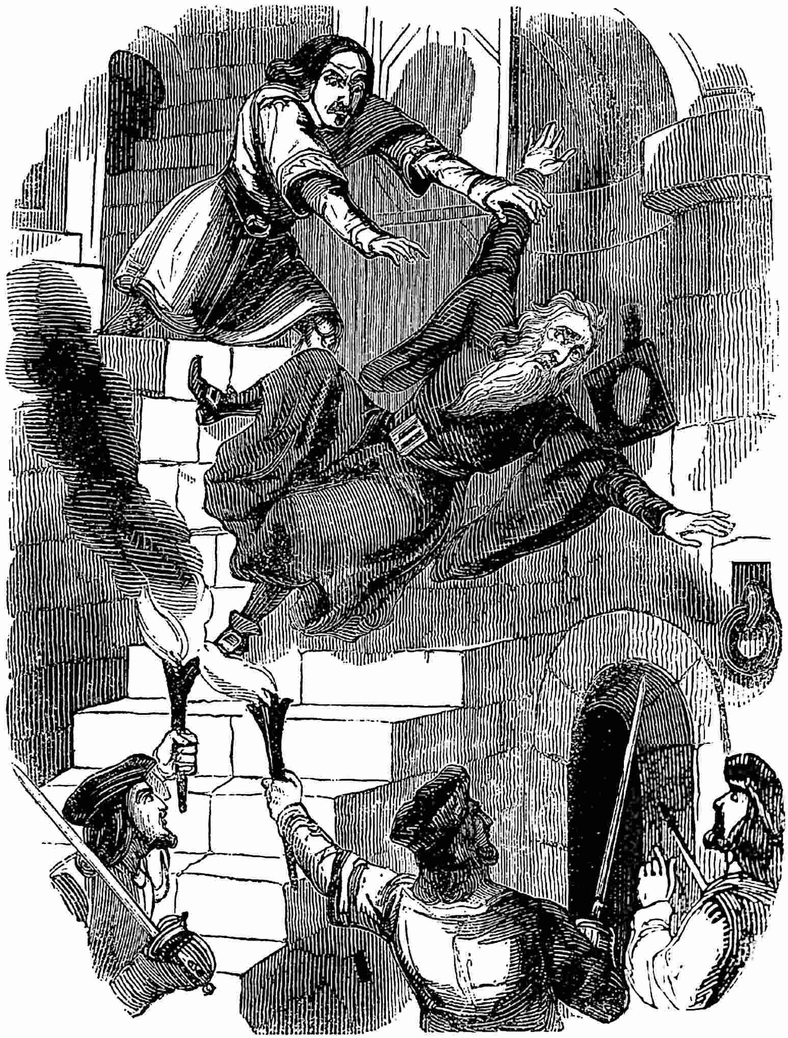 Count Morven hurling the doctor down the turret stairs.