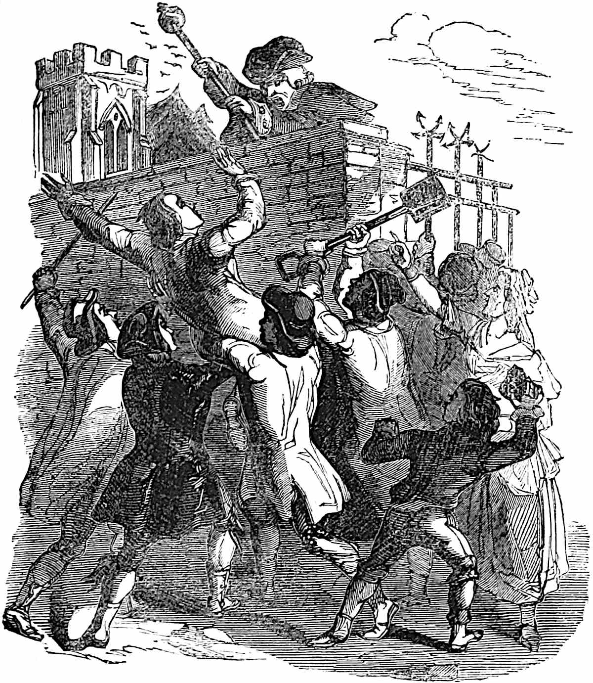 The beadle gallantly defends the churchyard from the
    mob.
