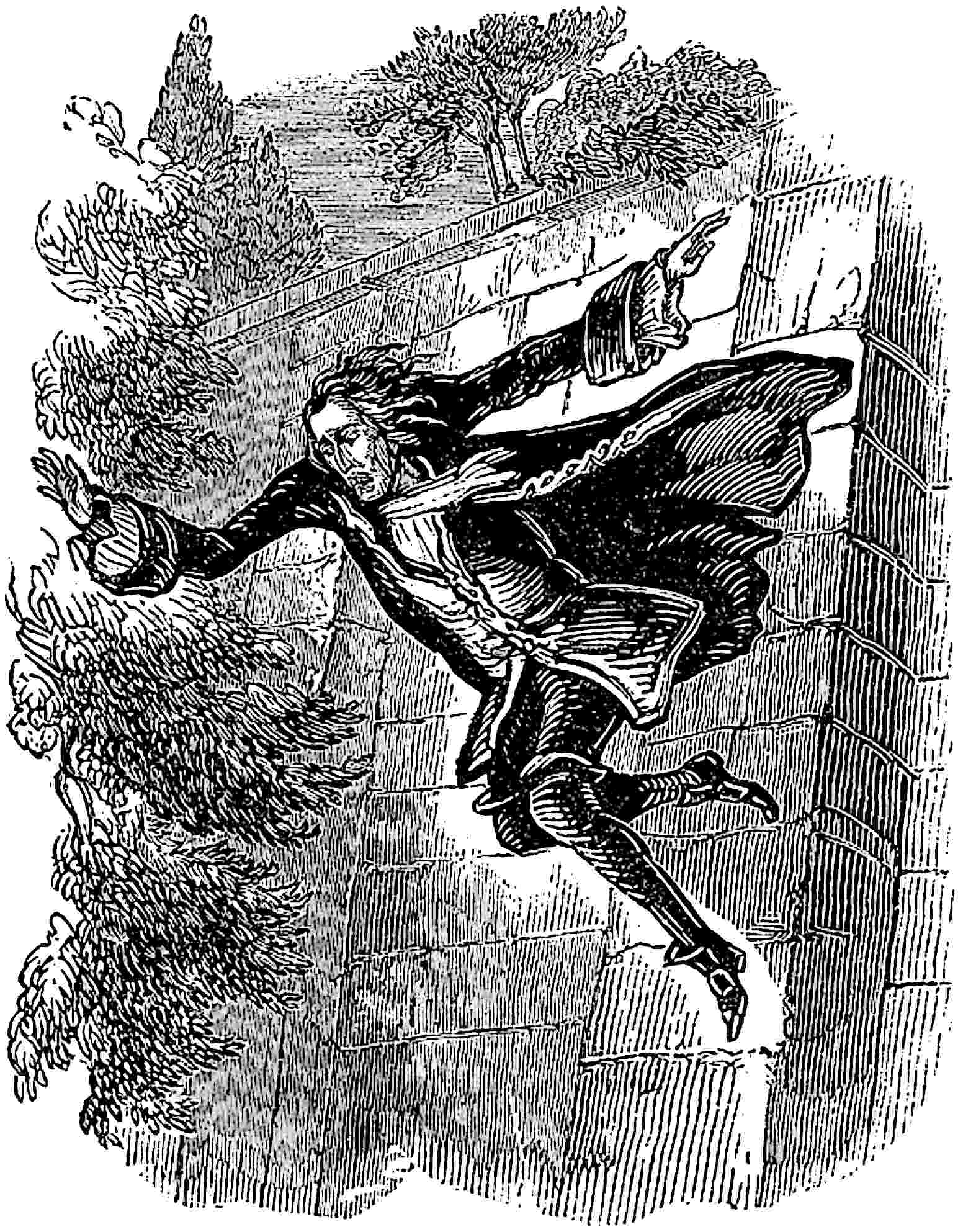 The attacker descends from the garden wall