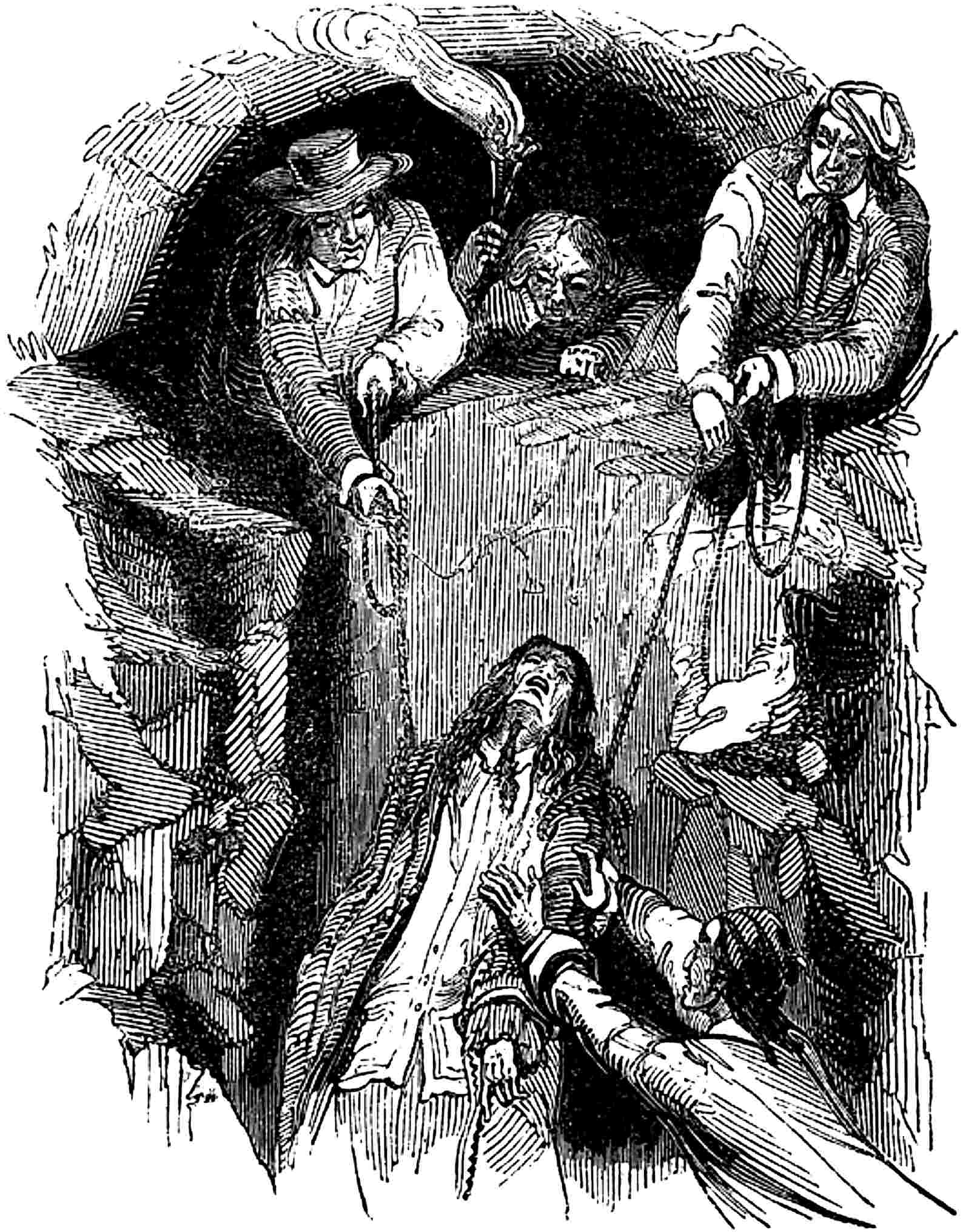 The men of the mob pulls the dead man from the pit