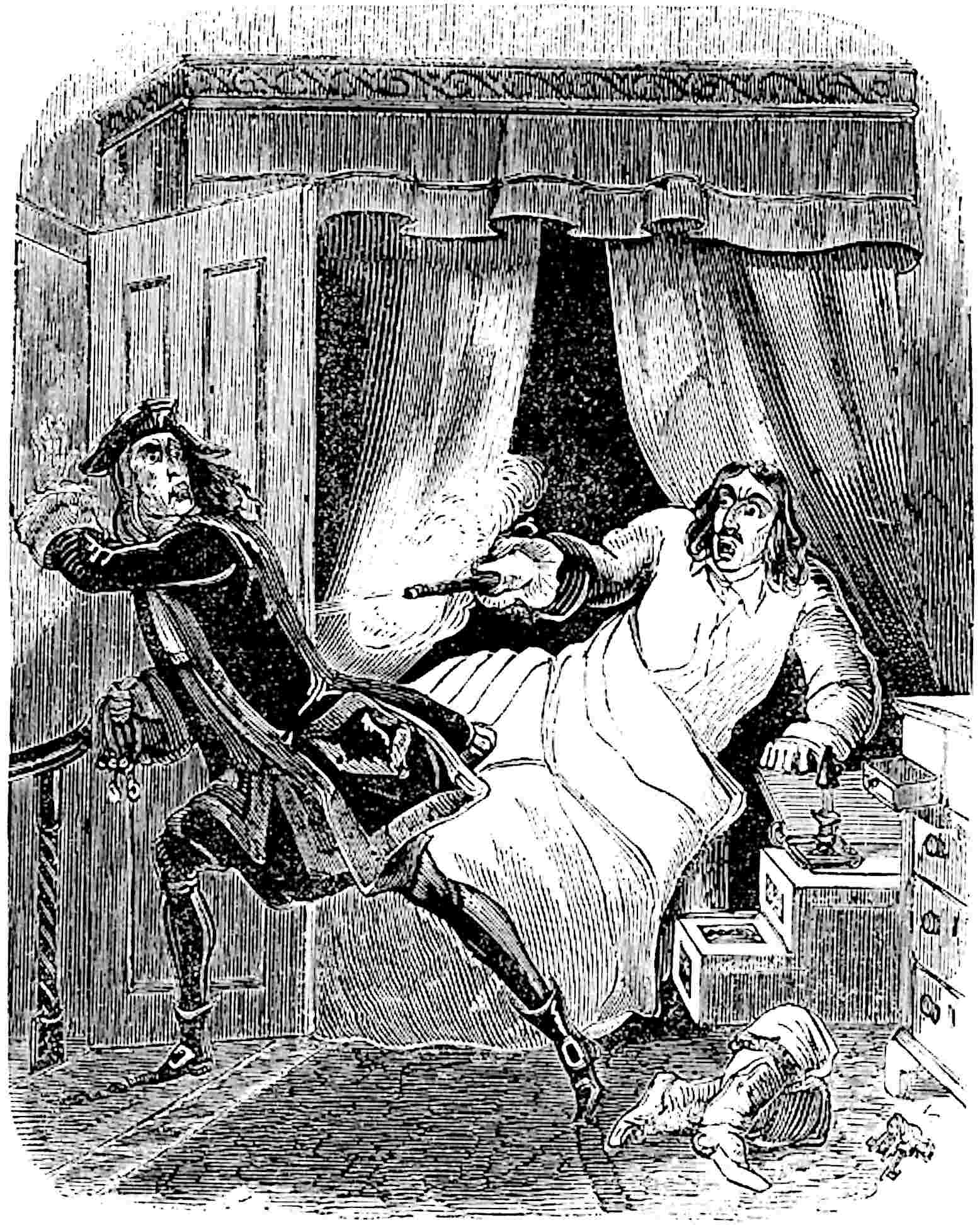 The baron fires upon the intruder.