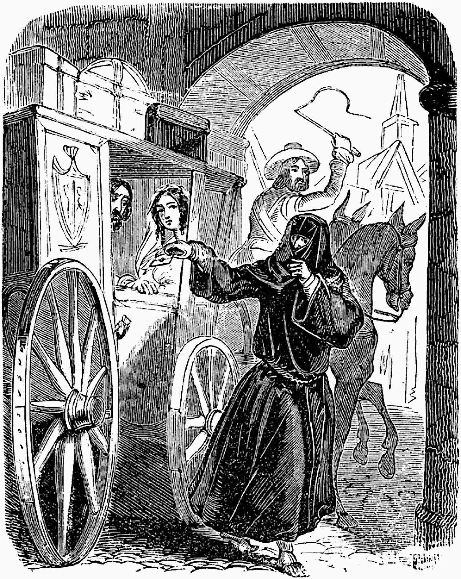 A cowled monk thrusts a letter into the
    hands of Oriana in the carriage