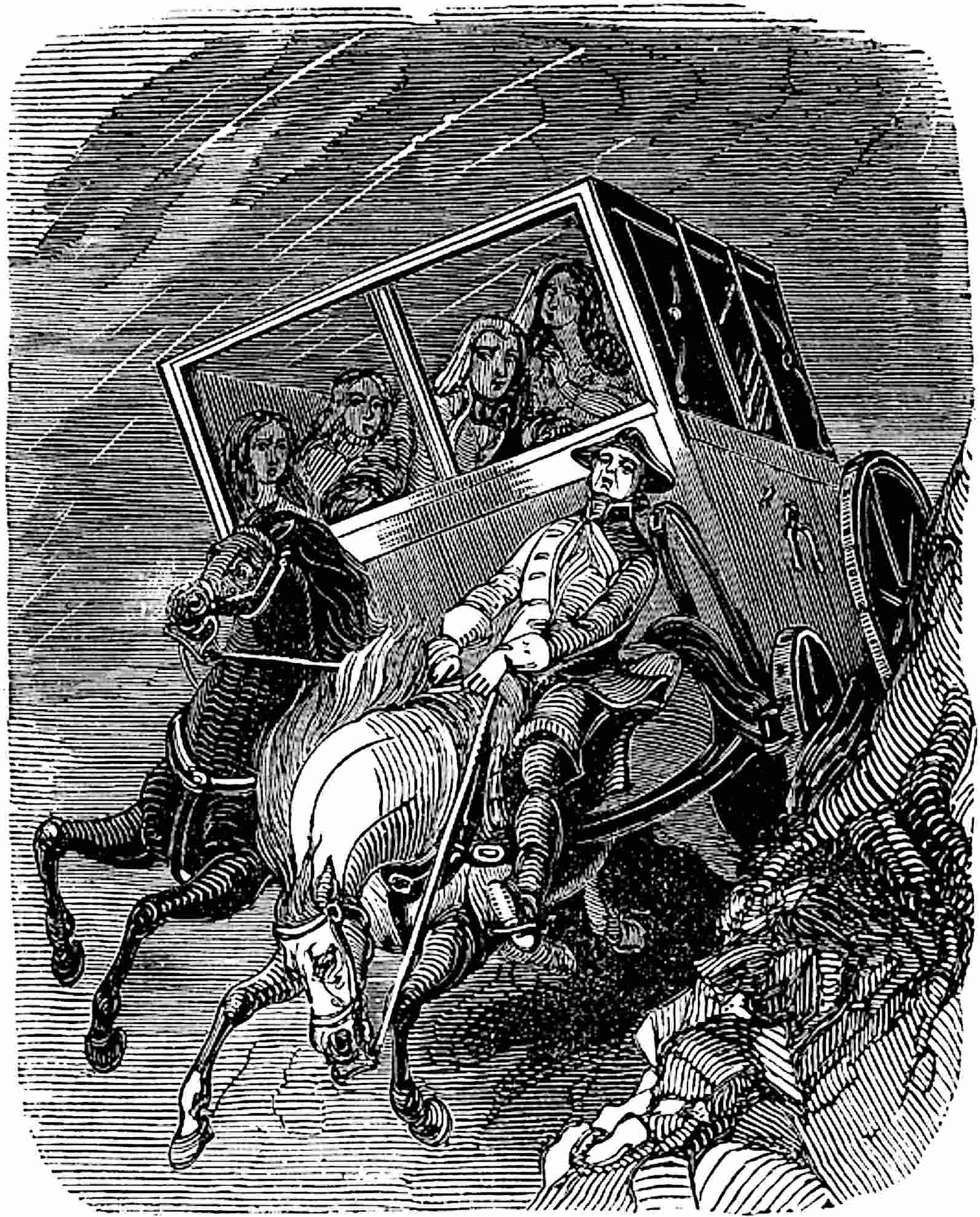 The carriage speeds through the storm.
