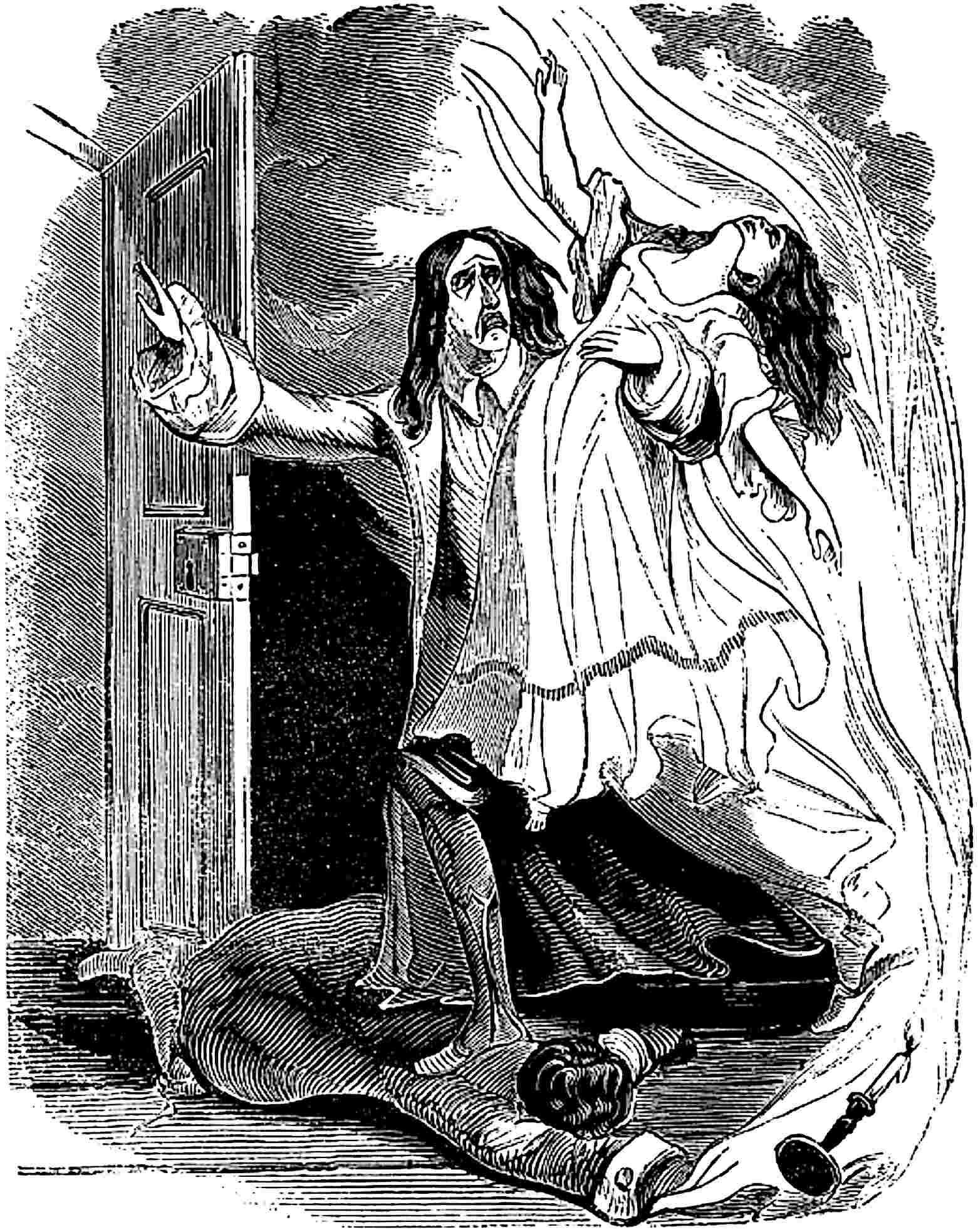 Sir Francis Varney carries the girl from the fire.