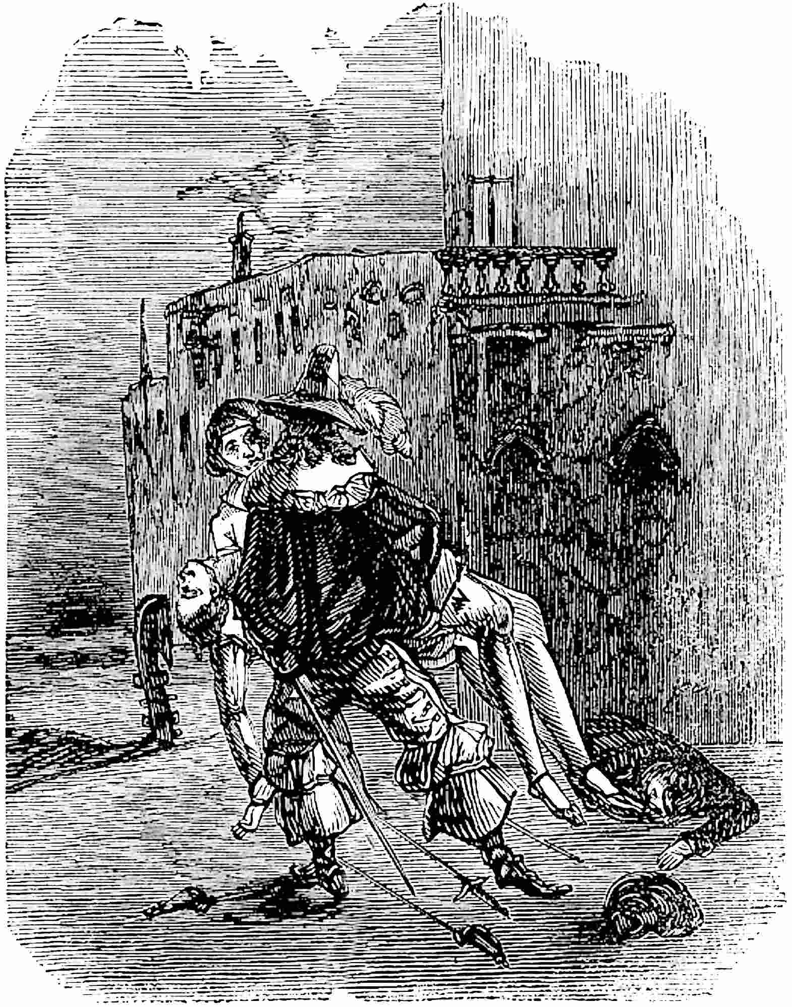 The servants carry their master into his house.