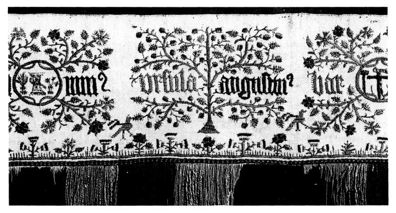 Plate IV.—A portion of an Altar Cloth Band, embroidered
in coloured silk threads upon a white linen ground.