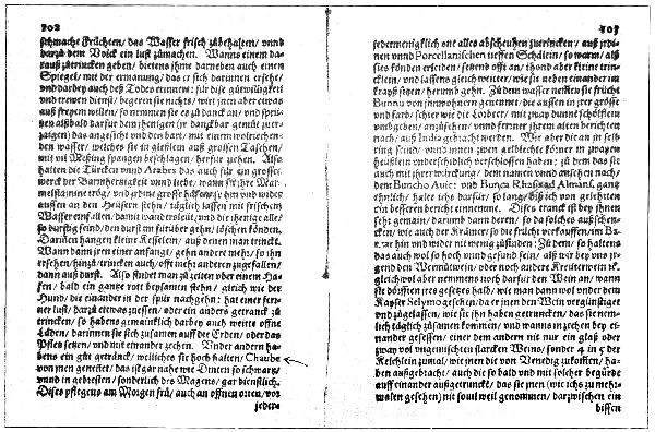 THE FIRST PRINTED REFERENCE TO COFFEE, AS IT APPEARS IN
RAUWOLF'S WORK, 1582