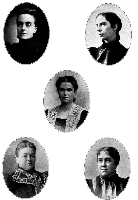 (Miss Anthony's Cabinet in 1900.)
CATHARINE WAUGH McCULLOCH. Second Auditor.
ALICE STONE BLACKWELL. Recording Secretary.
RACHEL FOSTER AVERY. Corresponding Secretary 21 Years.
LAURA CLAY. First Auditor.
HARRIET TAYLOR UPTON. Treasurer.