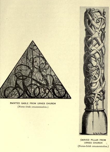 Painted gable from Urnes Church (Norse-Irish
ornamentation)—Carved pillar from Urnes Church (Norse-Irish ornamentation)