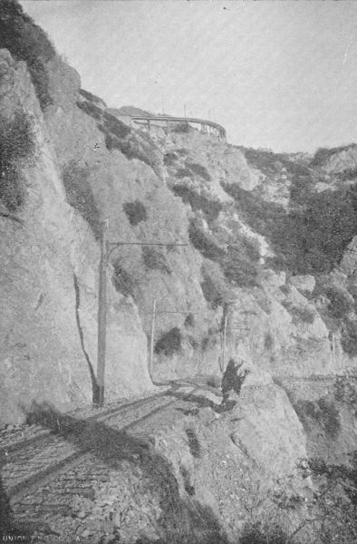 Garden of the Gods, showing Two Sections, with portion
of Circular Bridge, Mount Lowe.