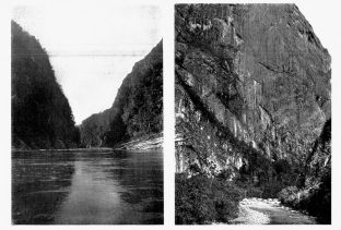 Fig. 9—The upper entrance to the Pongo de Mainique,
where the Urubamba crosses the Front Range of the Andes in a splendid
gateway 4,000 feet deep. The river is broken by an almost continuous
line of rapids.