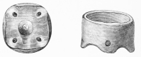 No. 144. Small Terra-cotta Vessel from the lowest
Stratum, with four perforated feet, and one foot in the middle (14
M.).