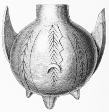 No. 193. An elegant bright-red Vase of Terra-cotta,
decorated with branches and signs of lightning, with holes in the
handles and lips, for cords to hang it up by. Found on the Tower (8
M.).