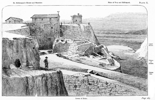 Dr. Schliemann’s Houses and Magazine.

Plain of Troy and Hellespont.

Tower of Ilium.

Page 287.

THE TOWER OF ILIUM, SCÆAN GATE, AND PALACE OF PRIAM.

Looking North along the cutting through the whole Hill.