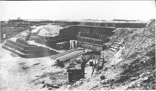 Interior of the Gorge as seen from atop the Left Flank, February 1865. The central bombproof is at the left.