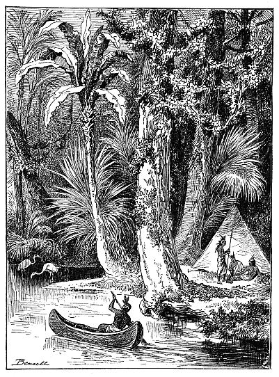 Native man paddling canoe in jungle