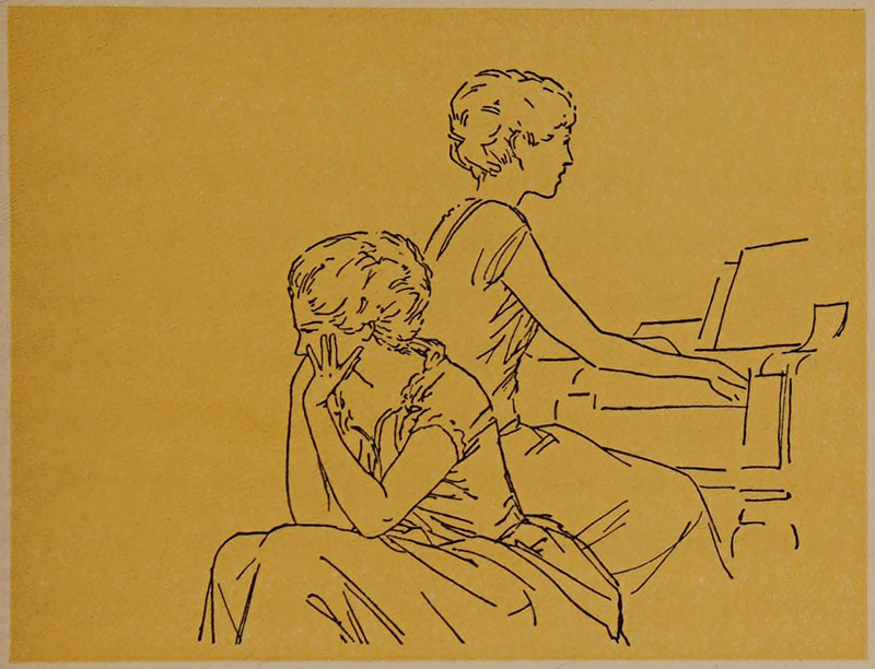 Two women, one playing piano and
the other with her chin in her hands