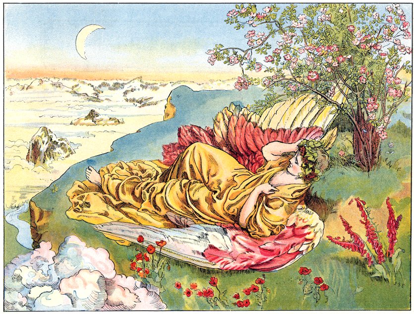 Illustration of a winged figure in a gold robe lounging on a high grassy cliff beneath a flowering tree, looking out over a sea of clouds under a crescent moon.