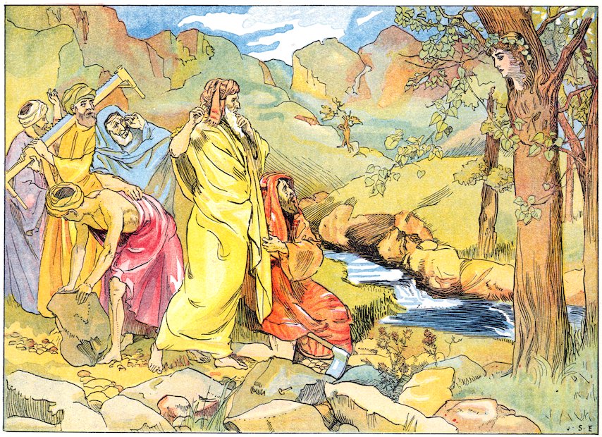 Illustration of a group of astonished woodcutters in eastern robes halting their work as a woman's face emerges from the trunk of a tree by a stream.