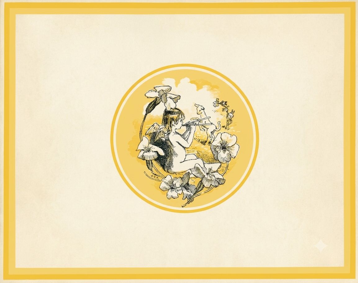Back cover illustration featuring a central yellow circular vignette of a winged cherub sitting on the grass and playing a double pipe for a leaping baby goat.