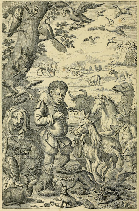 An engraving. A man (Æsop?)
  stands under a tree. In one hand he holds a scroll of paper on which the words
  UTILE DULCI can be seen. In the other hand he holds a pen. He is surrounded by
  animals and birds, presumably gathered to hear him read what he has written.