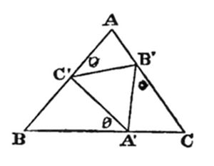 A geometric
diagram of triangle ABC with interior points and a smaller inscribed
triangle A'B'C' formed by connecting midpoints or cevians, with labeled
intersection point O.