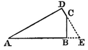 A geometric
diagram of triangle ABD with extended points C and E, connected by
dashed lines.