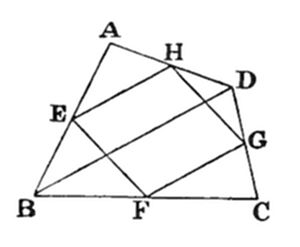 A geometric
diagram of quadrilateral ABCD with interior points E, F, G, H forming
an inscribed quadrilateral, connected by crossing diagonals.