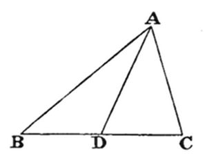 A triangle
with vertices A (apex, top right), B (bottom left), and C (bottom
right). Point D lies on base BC between B and C, with line segment AD
drawn from apex A down to D.