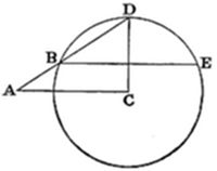 A circle
with external point A to the left. A secant from A passes through chord
points B and E (horizontal diameter line), with C marked at center. A
second line from A meets the circle at D (top).