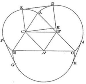 Three
large circles mutually intersecting, forming a curved triangular
outer boundary with points F, G (left), H, J (right), and D, E (top).
Inner triangle B'C'A' is inscribed with numerous cevians and chords
connecting A, B, C, D, E, K, creating a dense triangulated network at
the center.