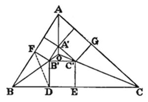 A triangle
with vertices A (top), B (bottom left), C (bottom right). Medial
triangle A'B'C' is inscribed with center point O inside. Points F (on
AB), G (on AC), D and E (on BC) mark cevian feet. Multiple segments
from vertices and medial points cross through O, forming a dense inner
network of triangles and quadrilaterals.