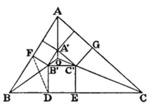 A triangle
with vertices A (top), B (bottom left), C (bottom right). Medial
triangle A'B'C' is inscribed with center point O inside. Points F (on
AB), G (on AC), D and E (on BC) mark cevian feet. Multiple segments
from vertices and medial points cross through O, forming a dense inner
network of triangles and quadrilaterals.