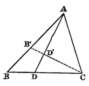 A geometric
diagram of triangle ABC with interior points B', D, D' and dashed
lines.