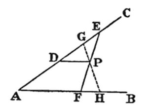 A triangle
with vertices A (bottom left), B (bottom right), and an implied apex,
with line EC crossing diagonally from upper right down through interior
point P. Points D (on AP), G and E (above P), F and H (on base AB) mark
intersections, with dashed lines from P to H.