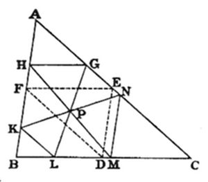 Large
triangle with vertices A (top left), B (bottom left), C (bottom
right). Two horizontal transversals cross the interior: upper one
through H, G and lower through F, E, N. Interior point P marks central
intersections, with base points K, L, D, M on BC.