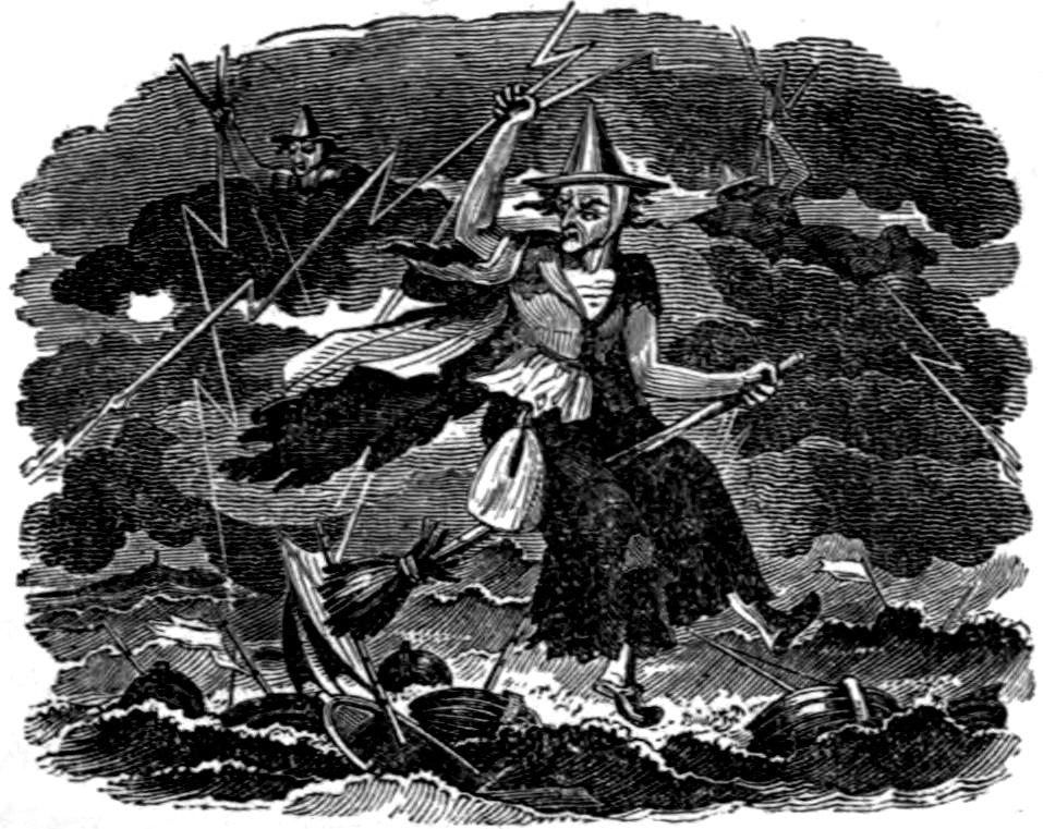 An old engraving depicting witches riding on brooms through a stormy sky filled with lightning. The central figure is an elderly woman with a pointed hat and ragged clothes, looking down aggressively. Below them, a turbulent sea is filled with capsized boats and people struggling in the water.