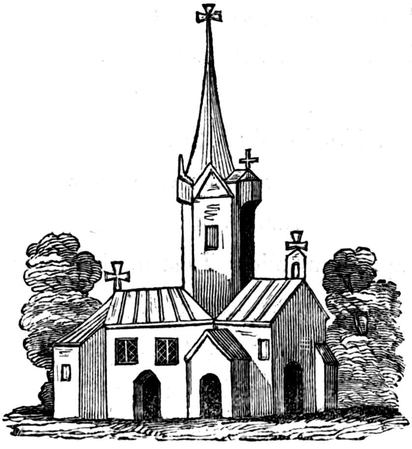 A vintage woodcut engraving of a small, traditional church with a prominent central steeple, multiple cross finials, and arched entryways, flanked by trees.