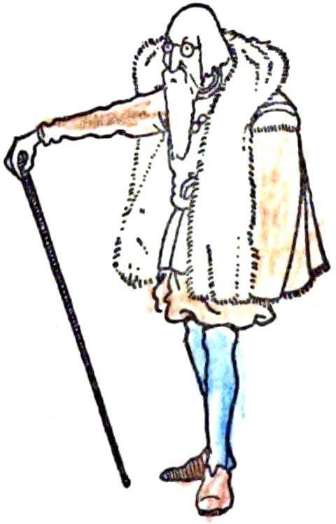 An illustration of an elderly, bald man with a long white beard and glasses, leaning on a cane while wearing a fur-trimmed cloak.