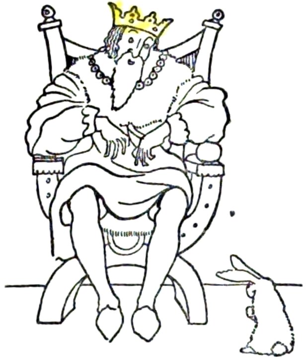 A line drawing of a king with a yellow crown sitting on an ornate throne, looking down at a small rabbit sitting on the floor.