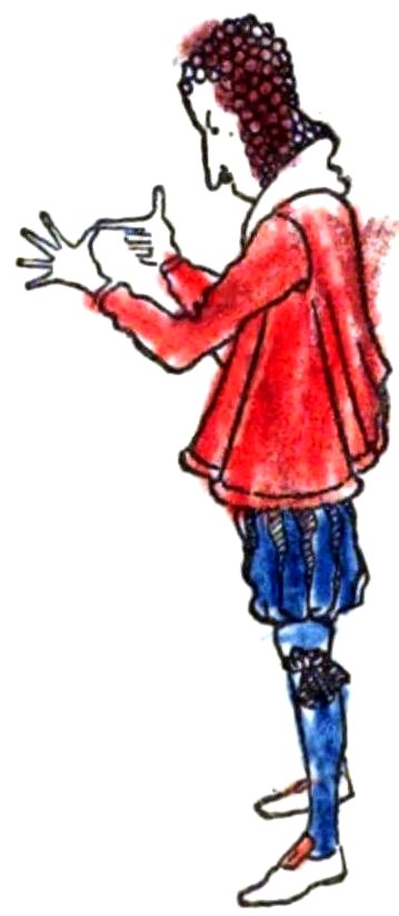 Full-length historical illustration of a man in a red tunic and blue breeches, making a counting gesture with his hands against a white background.