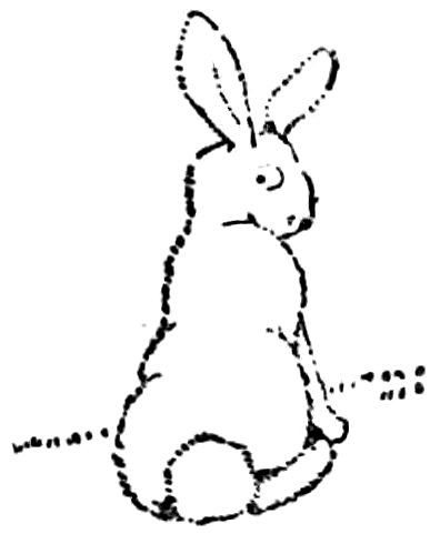 Simple, dotted black ink line drawing of a rabbit sitting down, viewed from behind with its head turned to the right.