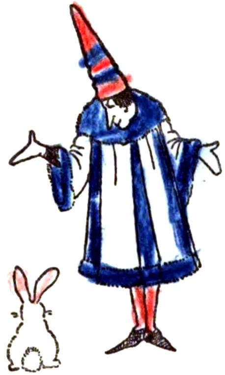 A whimsical historical illustration of a person with a tall, pointed red-and-blue hat shrugging their shoulders at a small rabbit sitting before them.