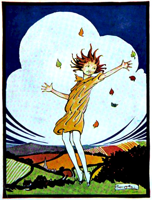 Art nouveau illustration of a person with wild brown hair leaping joyfully above a rolling landscape, surrounded by falling leaves and a large white cloud.