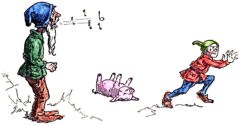 Whimsical illustration of an old man in blue hat whistling musical notes, causing a small pig to lie on its back, while a gnome-like figure flees.