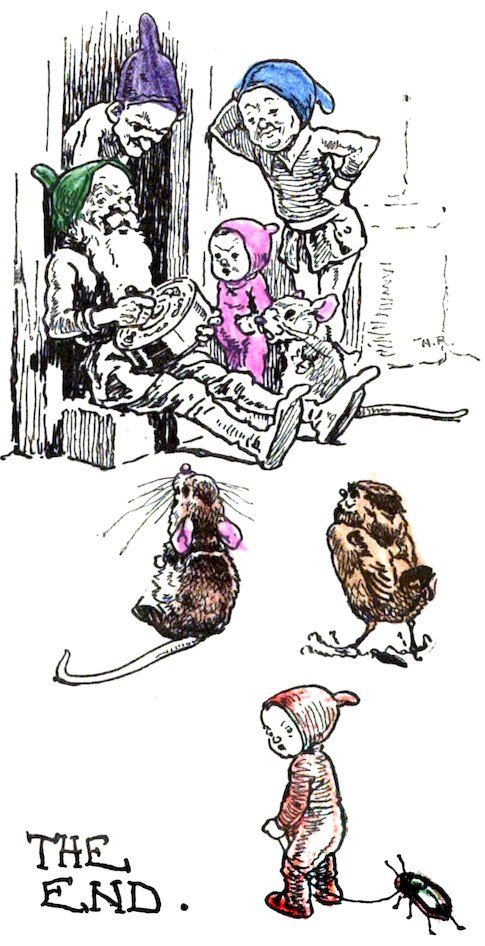 Whimsical illustration of gnomes, mice, and a chick surrounding an old man with a pot, above a tiny child walking a beetle on a leash near 'THE END'.
